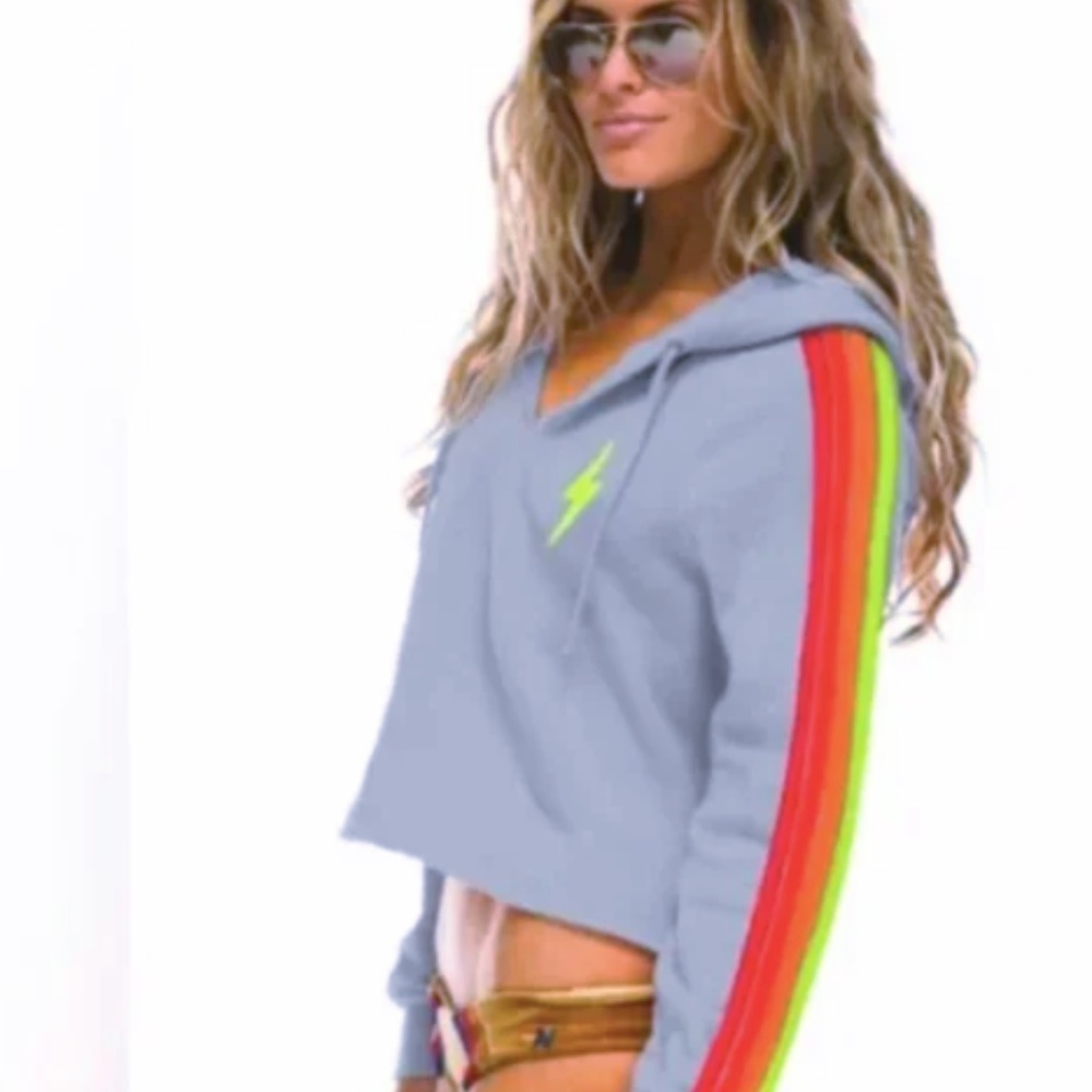 Aviator Nation Sweatshirt Lightning Bolt Rainbow Cropped sz L